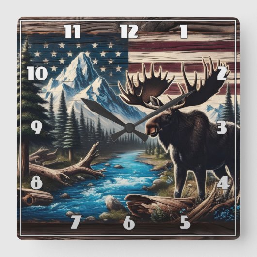 Moose aan het meer met berg- en vlagachtergrond vierkante klok (Voorkant)