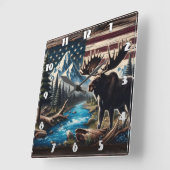 Moose aan het meer met berg- en vlagachtergrond vierkante klok (Hoek)