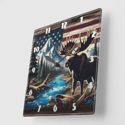 Moose aan het meer met berg- en vlagachtergrond vierkante klok (Hoek)