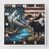 Moose aan het meer met berg- en vlagachtergrond vierkante klok (Voorkant)