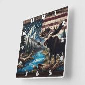 Moose aan het meer met berg- en vlagachtergrond vierkante klok (Hoek)