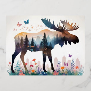Moose  Animal Natuur Forest Flowers Art Folie Feestdagen Briefkaart