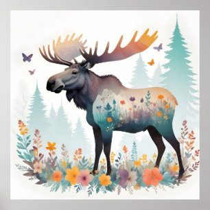 Moose  Animal Natuur Forest Flowers Art Poster