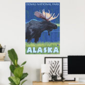 Moose at Night - Denali Nat'l Park, Alaska Poster (Thuiskantoor)