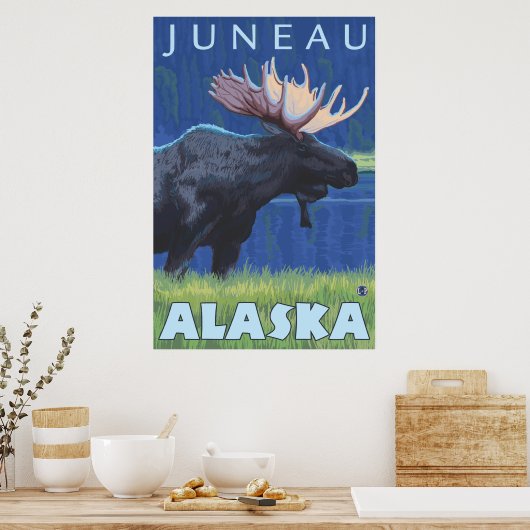 Moose at Night - Juneau, Alaska Poster (Keuken)