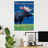 Moose at Night - West Yellowstone, Montana Poster (Thuiskantoor)