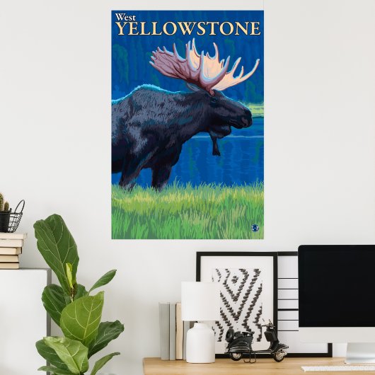 Moose at Night - West Yellowstone, Montana Poster (Thuiskantoor)