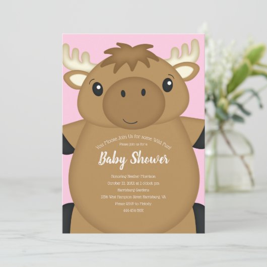 Moose Baby shower Roze Kaart (Staand voorkant)