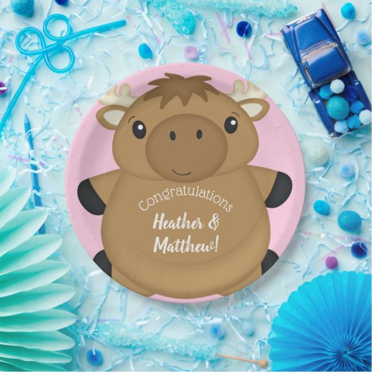 Moose Baby shower Roze Papieren Bordje (Feest)
