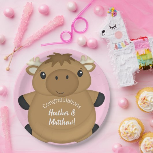 Moose Baby shower Roze Papieren Bordje (Feest)