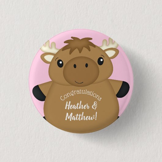 Moose Baby shower Roze Ronde Button 3,2 Cm (Voorkant)