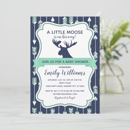 Moose baby shower uitnodiging voor jongens (Staand voorkant)