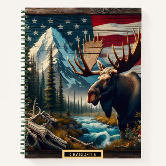 Moose bij bergstroom met vlag notitieboek (Voorkant)