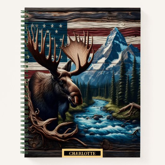 Moose bij een rustige rivier en bergen notitieboek (Voorkant)