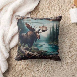 Moose bij River in Forest Landscape Art Kussen