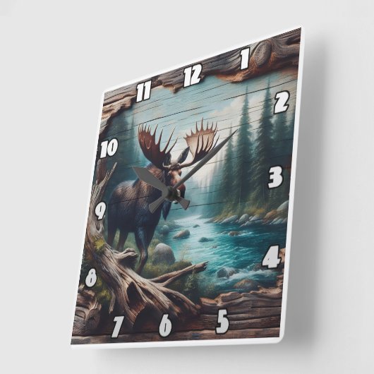 Moose bij River in Forest Landscape Art Vierkante Klok (Hoek)