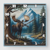 Moose bij rivier met bergen achter vierkante klok (Voorkant)