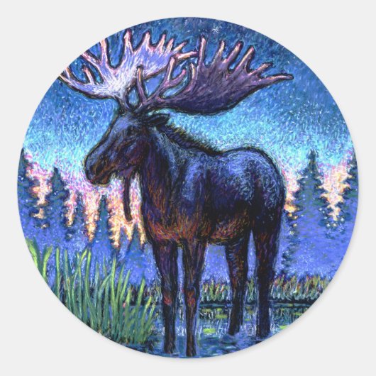 Moose bij zonsopgang ronde sticker (Voorkant)