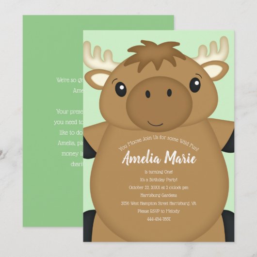 Moose Birthday Party Green Kaart (Voorkant / Achterkant)