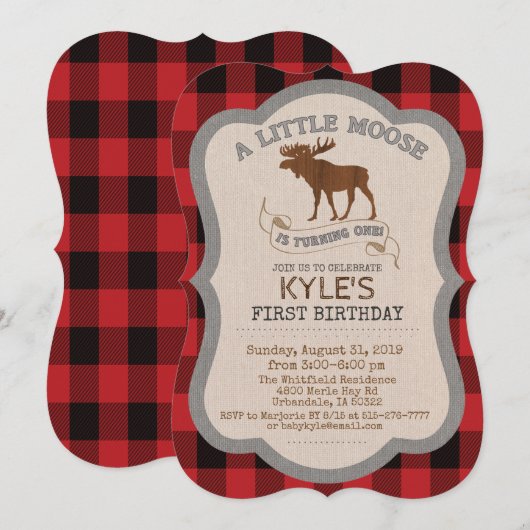 Moose Boy 1e verjaardag uitnodiging (Voorkant / Achterkant)