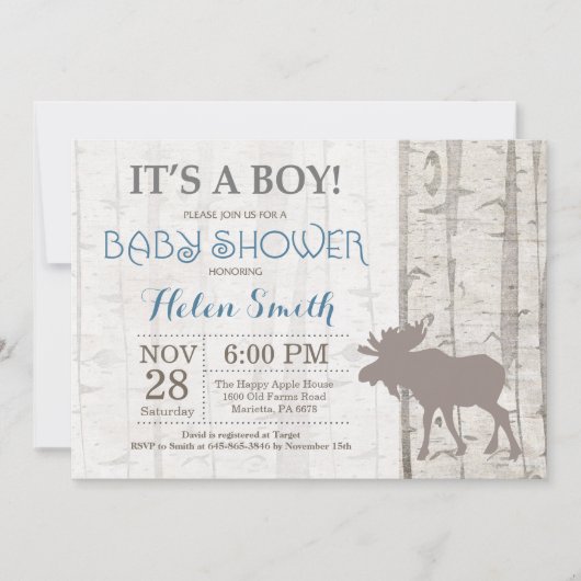Moose Boy Baby shower Invitation Rustic Woodland Kaart (Voorkant)
