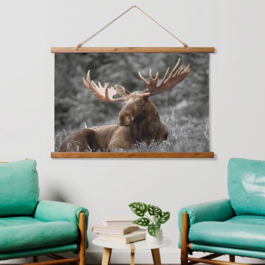 Moose Cabin art Black White Hangend Wandkleed (Woonkamer)