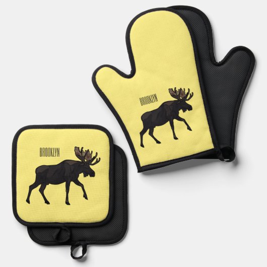 Moose cartoon illustratie ovenwant & pannenlap set (Voorkant / Achterkant)