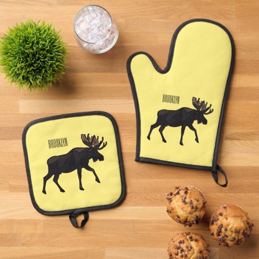 Moose cartoon illustratie ovenwant & pannenlap set (Top down)