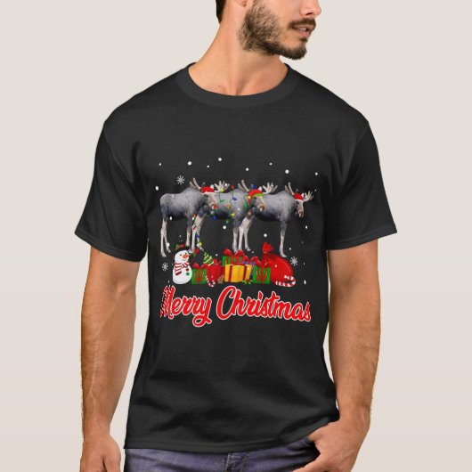 Moose Christmas Pyjama Grappige Xmas Lights Dieren T-shirt (Voorkant)