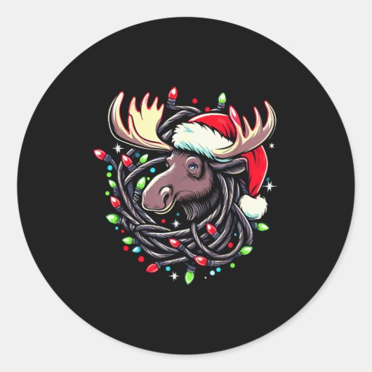 Moose Christmas Santa Hat Lights Moose For Kids Wo Ronde Sticker (Voorkant)