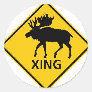 Moose Crossing Highway Sign Ronde Sticker