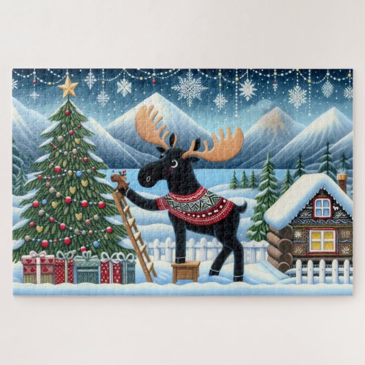 Moose decoreren van een kerstboom met bergen legpuzzel (Horizontaal)