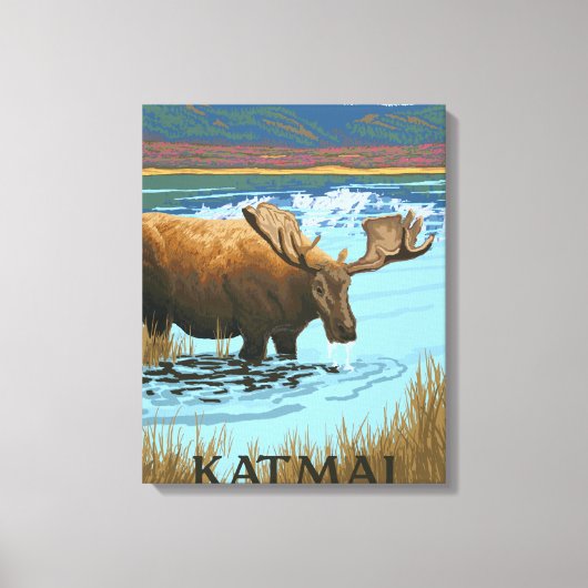 Moose Drink bij het meer van Katmai, Alaska Canvas Afdruk (Voorkant)
