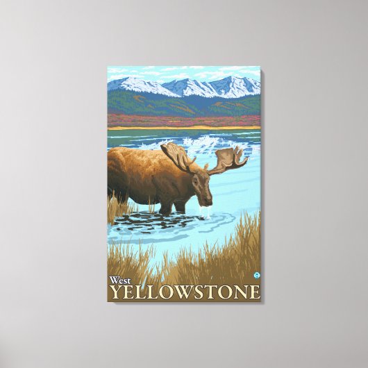 Moose Drink bij het meer - West-geelsteen, MT Canvas Afdruk (Voorkant)