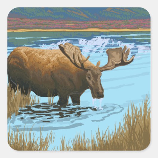 Moose Drink het meer - Yellowstone National Vierkante Sticker (Voorkant)