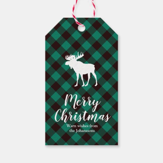 Moose en Buffalo Groen Plaid Patroon Kerstmis Cadeaulabel (Voorkant)