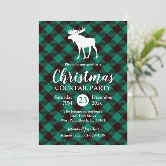 Moose en Buffalo Groen Plaid Patroon Kerstmis Kaart (Staand voorkant)