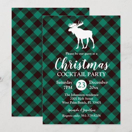 Moose en Buffalo Groen Plaid Patroon Kerstmis Kaart (Voorkant / Achterkant)