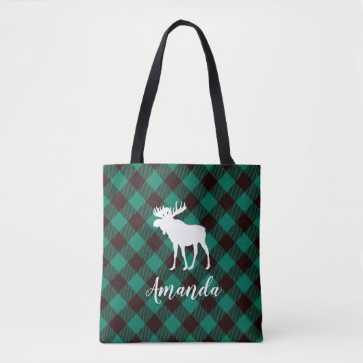 Moose en Buffalo Groen Plaid Patroon Kerstmis Tote Bag (Voorkant)