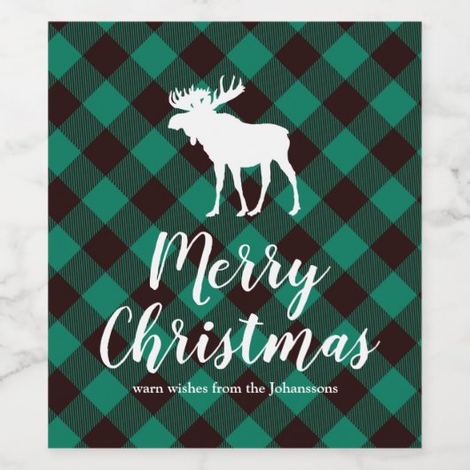 Moose en Buffalo Groen Plaid Patroon Kerstmis Wijn Etiket (Enkel label)