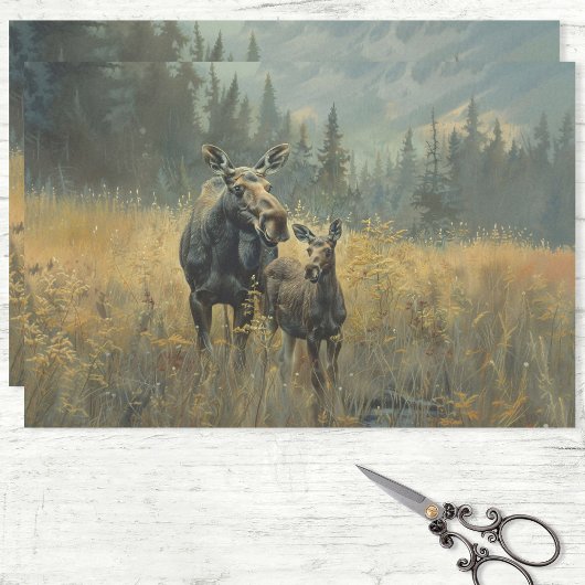 Moose en kalf olieverfschilderij Decoupage Tissuepapier