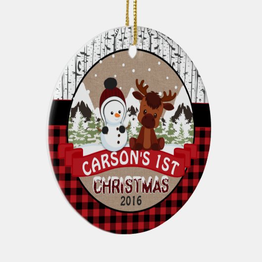 Moose en Snowman Kind 1 Kerstmis op maat Keramisch Ornament (Rechts)