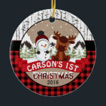 Moose en Snowman Kind 1 Kerstmis op maat Keramisch Ornament<br><div class="desc">Moose en Snowman Kind 1 Kerstmis op maat</div>