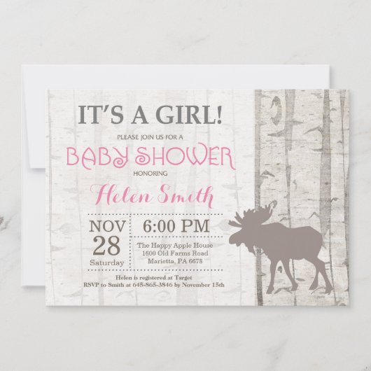 Moose Girl Baby shower Invitation Rustic Woodland Kaart (Voorkant)