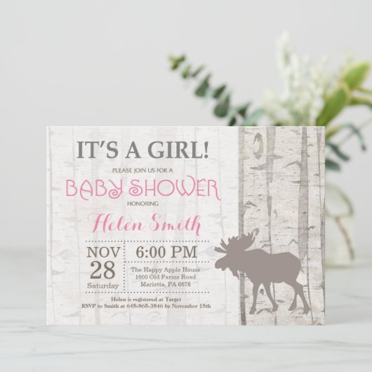 Moose Girl Baby shower Invitation Rustic Woodland Kaart (Staand voorkant)