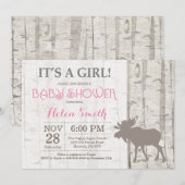 Moose Girl Baby shower Invitation Rustic Woodland Kaart (Voorkant / Achterkant)