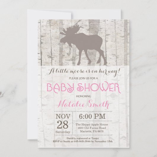 Moose Girl Baby shower Invitation Rustic Woodland Kaart (Voorkant)