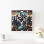 Moose Head Mount met uitzicht op Mountain Stream Vierkante Klok (Huis)