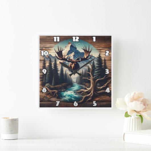 Moose Head Mount met uitzicht op Mountain Stream Vierkante Klok (Huis)