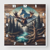Moose Head Mount met uitzicht op Mountain Stream Vierkante Klok (Voorkant)
